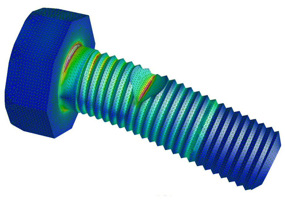 A 3D finite element analysis (FEA) model of a bolt, illustrating stress distribution through a color-coded gradient from blue to red.
